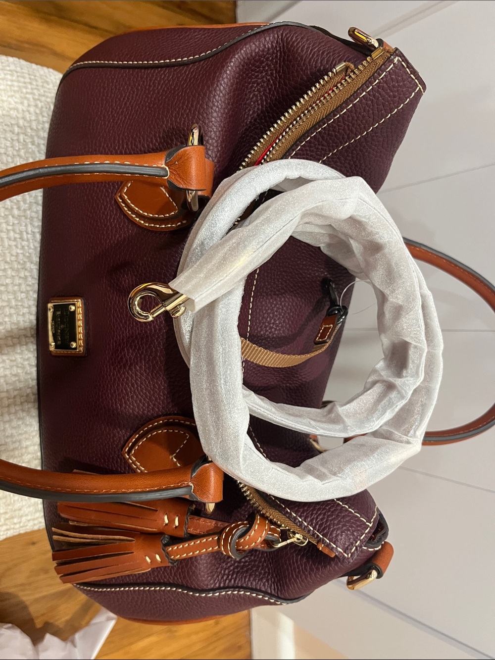 Dooney & Bourke  large Burgundy Pebble Leather Satchel with Tan Trim - Picture 12 of 16